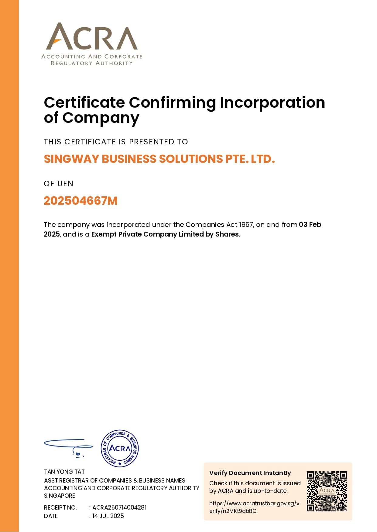 CERTIFICATE - SINGWAY BUSINESS