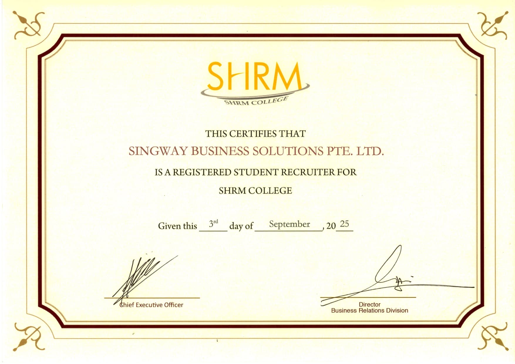 SINGWAY BUSINESS SOLUTIONS PTE. LTD CERT - 3 Sep 2025